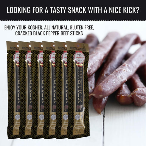 Aufschnitt Grass Fed Beef Jerky Sticks, Low Sodium, Certified Kosher, 6 Pack, Pepper