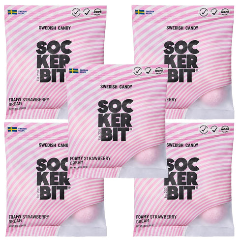 5 Gummy Gummy 2.82oz Sockerbit Swedish Candy Foamy Strawberry Dream, Bags, Soft Strawberry Marshmallow Candy, Sweet