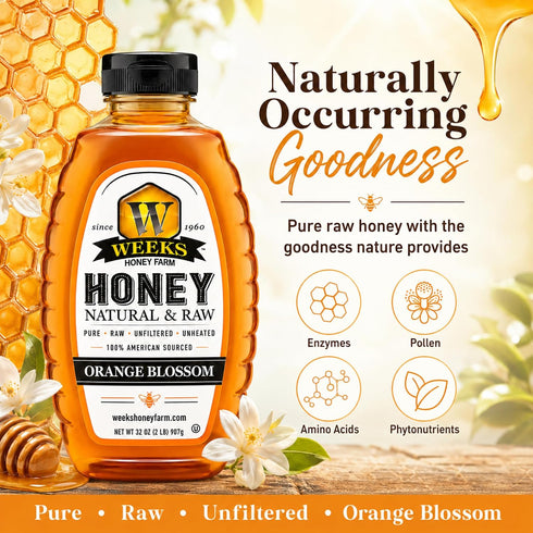 32 oz Pure Raw Unfiltered Orange Blossom Honey, - Premium American Sourced by Weeks Honey Farm | Light Citrus Floral
