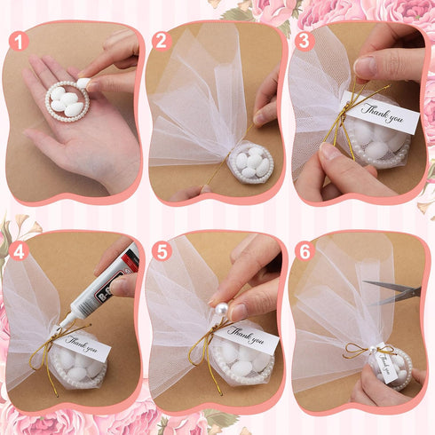 80 Set Kathfly Wedding Almond Candy Favors DIY for Guests Include Pearl Rings, Pearls, Card, String Glue Tulle Bag