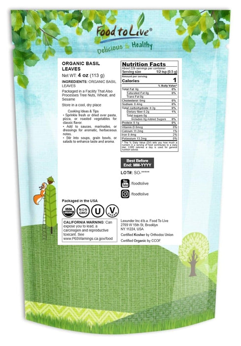 4 Food to Live - Organic Basil Leaves, Ounces Dried & Cut. Great for Pizzas, Pesto, Soups, Sauces, Salads and Herbal