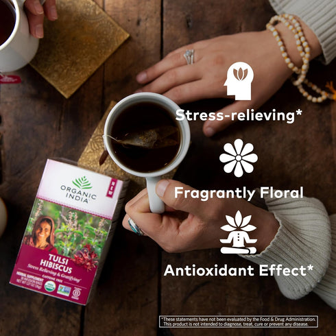 Organic India Tulsi Hibiscus Herbal Tea - Holy Basil, Stress Relieving, Immune Support, Vegan, USDA Organic, 18