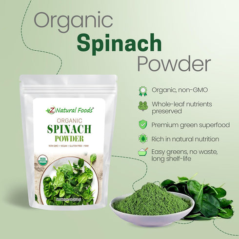 100% Immune 1 lb Z Natural Foods Organic Spinach Powder - Pure & Nutrient-Dense Dried Raw Spinach Leaves for & Energy
