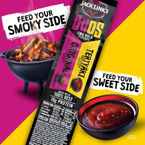 10g 100% Package, 1.84oz (10 Pack 2 Jack Link's DUOs Beef Jerky Meat Snack Sticks with Protein Original & Teriyaki