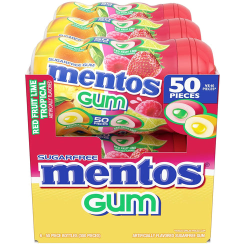 50 Pack 6 Mentos Sugar Free Gum, Red Fruit Lime, Piece Bottle