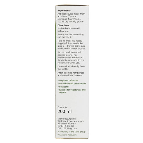 Salus 100% 200 ml Artichoke Organic Pure Fresh Plant Juice
