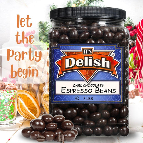 3 Lbs Dark Chocolate Covered Espresso Beans - by It's Delish, Jumbo Container | Coffee Lovers Snack | Gourmet