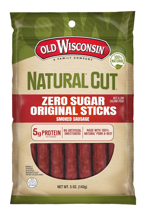 Old Wisconsin Natural Cut Original Sausage Snack Sticks, Zero Sugar, Naturally Smoked,