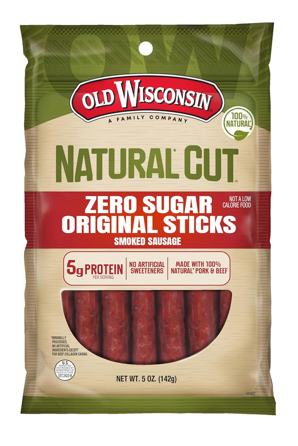 Old Wisconsin Natural Cut Original Sausage Snack Sticks, Zero Sugar, Naturally Smoked,