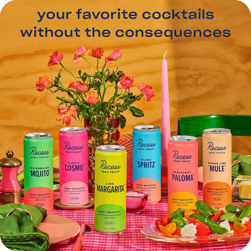 12oz, Pack 12) Recess Zero Proof Craft Mocktails, Alcohol Free Drinks, With Adaptogens, Non-Alcoholic Beverage