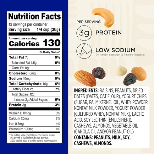 14 oz Snak Club Yogurt Trail Mix with Raisins, Peanuts, Dried Dates, Yogurt Chips, Cashews, and Almonds, Gluten-Free