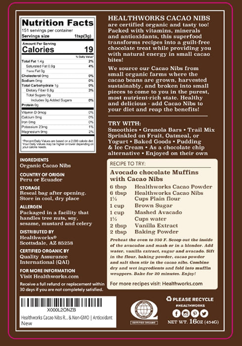 16 Oz 1 Lb Healthworks Superfoods Cacao Nibs Organic - / - Criollo Bean - Raw Unsweetened Chocolate Substitute