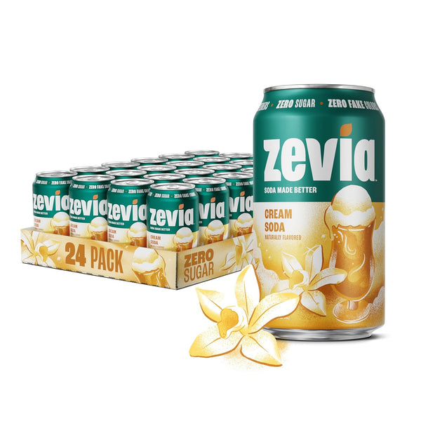 Zevia Zero Sugar Soda, Cream Soda, 12 oz Cans (24-Pack) Naturally Sweetened,