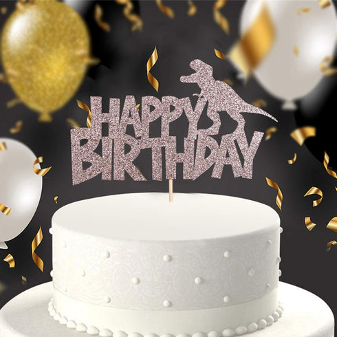 Happy Birthday Cake Topper - Rose Gold Glitter Dinosaur Theme Decoration for Boy and Girl Birthday Party