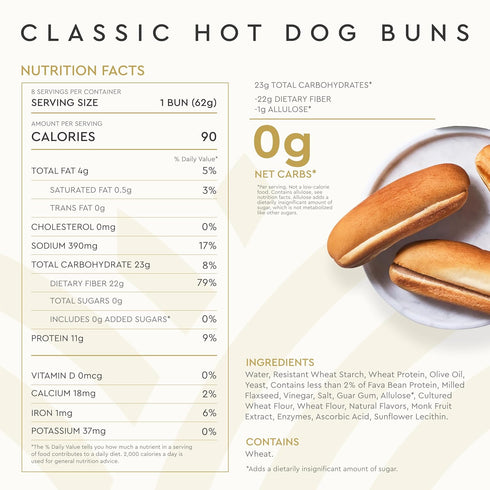 0g 0g 90 (16 Pack 2) Hero Classic Hot Dog Bun - Delicious Rolls & Net Low Carb Hot Dog Buns | High Fiber, Net Carbs