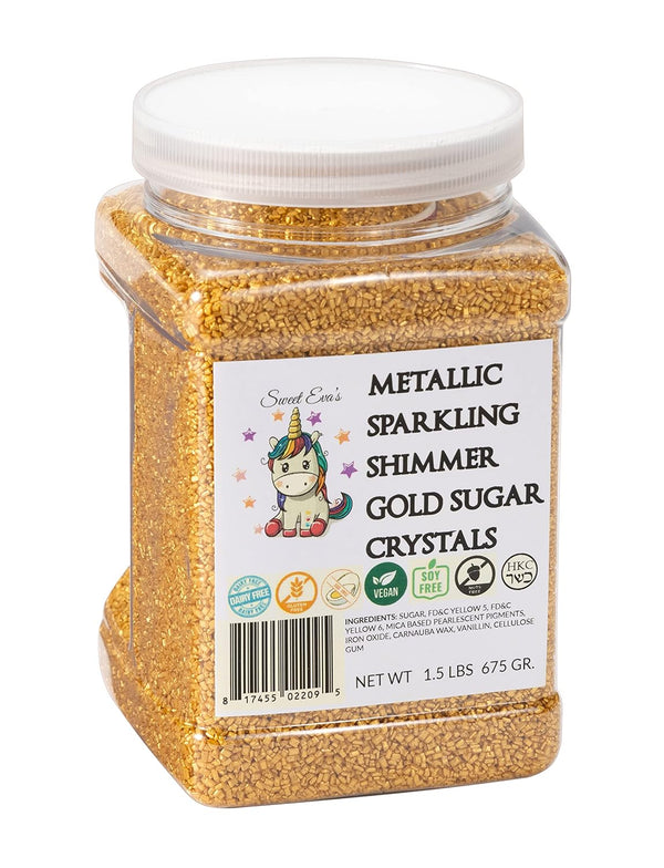 Sweet Evas METALLIC SPARKLING SHIMMER GOLD SUGAR CRYSTALS-Dairy Free,Gluten Free,Egg Free,Vegan,Soy Free,Nuts Free,Kosher,Colored Sparkling