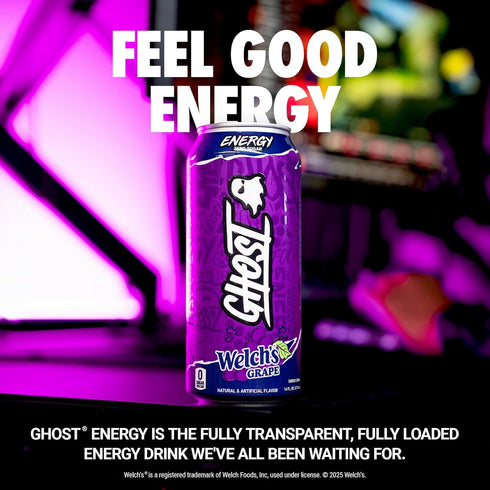 12-Pack, 16oz 200mg GHOST Energy Drink - Welch's Grape, Cans - Energy & Focus & No Artificial Colors - of Natural