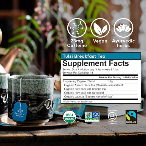 Immune 18 6 Pack ORGANIC INDIA Tulsi Breakfast Herbal Tea - Black Tea, Holy Basil, Relieve Stress & Energize, Support