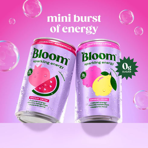 7.5oz 12 Pack Bloom Nutrition Sparkling Energy Drink Minis, Raspberry Lemon & Strawberry Watermelon