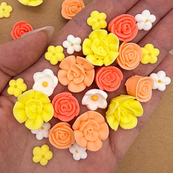 90 Honeysuckle Icing Flowers | Small Edible Roses | Peach, Coral, and