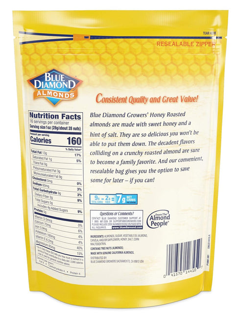 16Oz, 1 (Pack 2) Blue Diamond Almonds Honey Roasted Snack Almonds, Party Salty Snack, Plant-Based Protein and Fiber