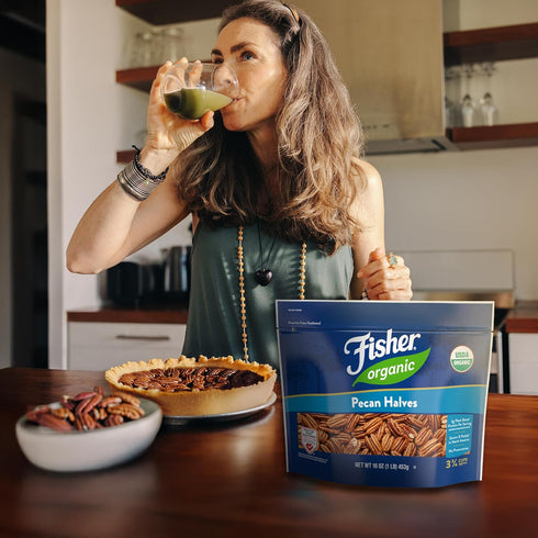 16 oz, Fisher Organic Pecans Halves USDA Certified Organic, Unsalted Raw Pecans, North American Grown, Non-GMO, No