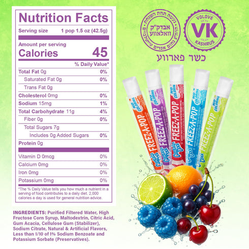24 Count Pack Frozen Freeze Pops, Ice Pops Bulk of Refreshing Assorted Flavors, Enjoy Dye Free Popsicles and Ready