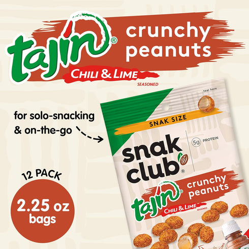 2.25 oz 12 Pack Snak Club Tajin Crunchy Peanuts, Nuts with Chili and Lime Seasoning, Mild, Snack Bags