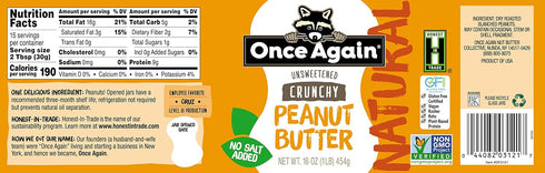 16oz Once Again Natural, Crunchy Peanut Butter, - Salt Free, Unsweetened - Gluten Free Certified, Vegan, Kosher