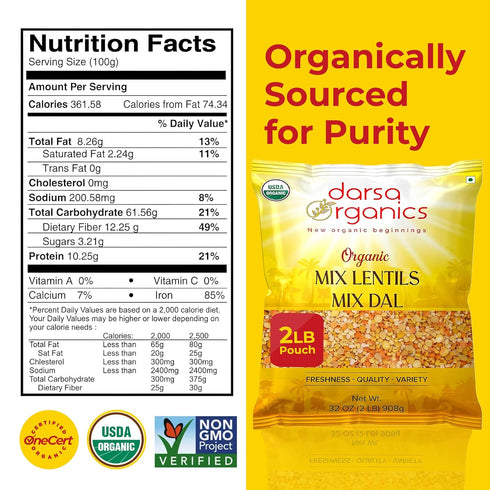 2lb Darsa Organics Mixed Lentils (Panchratna Dal) | USDA Organic, Non-GMO, Kosher | Superfood Rich in Protein & Fiber |