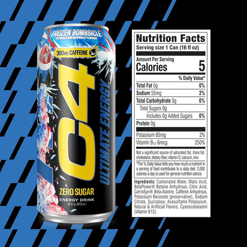 C4 300mg Frozen 16oz (Pack 12) Ultimate Energy Drink, Caffeine, Zero Sugar, High-Performance Energy for Pre-Workout