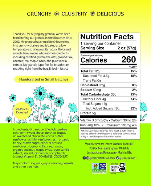 Packs 10 (2oz Jessicas Chocolate Chip Granola - of Snack Bags) - Handmade, Non-GMO, Gluten-Free, Whole Grain