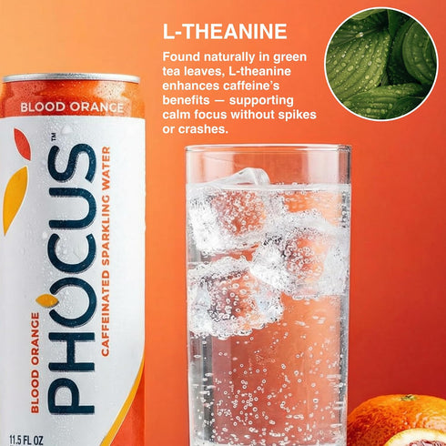 75mg 11.5 oz (Pack 12) PHOCUS Caffeinated Sparkling Water, Blood Orange, Natural Caffeine Plus L-Theanine, Zero Sugar
