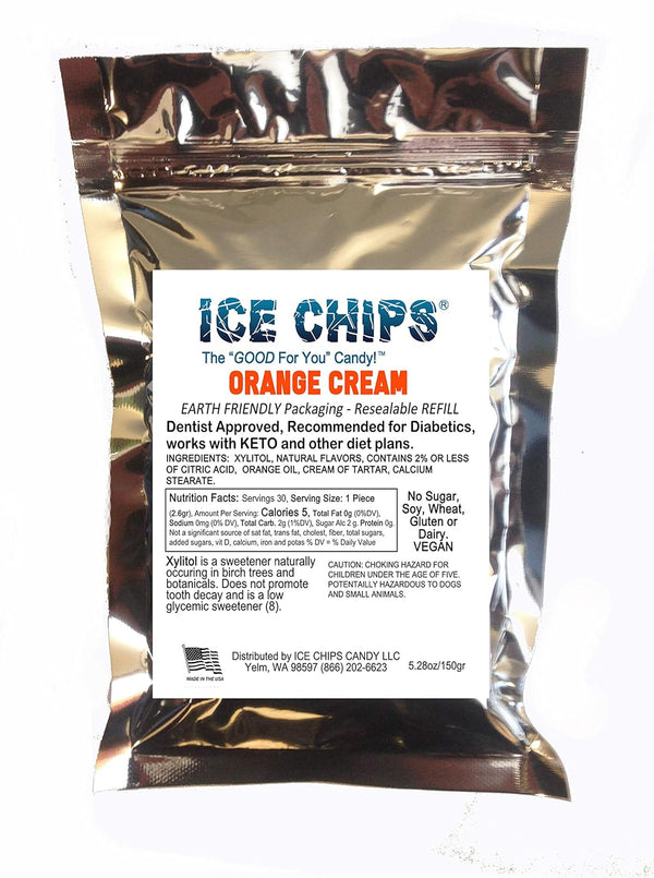 ICE CHIPS Xylitol Candy in Large 5.28 oz Resealable Pouch; Low Carb & Gluten Free (Orange Cream)
