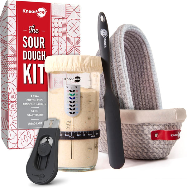 KneadAce Sourdough Starter Kit 24oz Starter Jar, 2 Cotton Rope Banneton Proofing