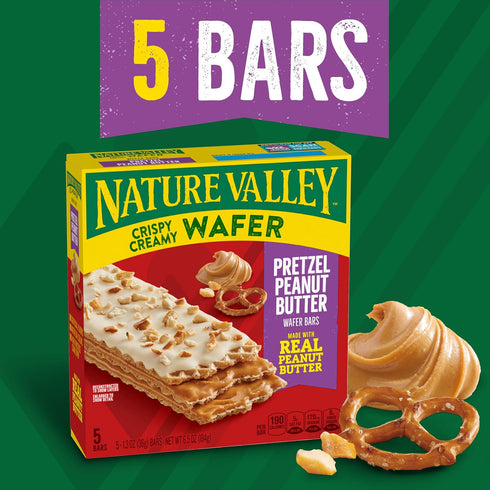 5 6.5 oz Nature Valley Crispy Creamy Wafer Bars, Pretzel Peanut Butter, Bars