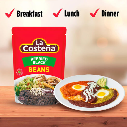 60 15.16oz, 8 Pack La Costea Refried Black Beans - Second Microwave Ready to Eat Meals for Mexican Food, Mexican Rice