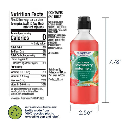 14.9 Oz (Pack 4) SodaStream Zero Strawberry Watermelon Drink Mix, New Pour Bottle Fl