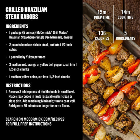 30 5 oz McCormick Grill Mates Marinade, Brazilian Steakhouse, Minute Liquid Marinade, Single Use Pouch, No Waste