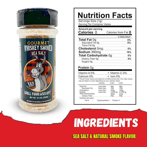 Whiskey Smoked Sea Salt by Grill Your As Off - Award Winning BBQ Rub for Beef, Steak, Burgers, Pork & Chicken, 9.5oz