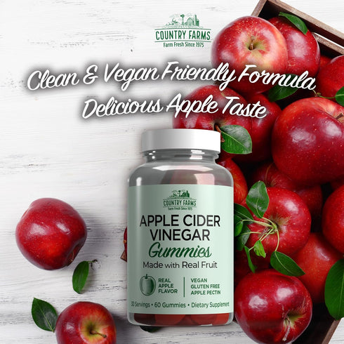 Country Gummies, 30 60 Count Farms Apple Cider Vinegar Reduce Bloat, Naturally Alkalizing, Supports Healthy Digestion