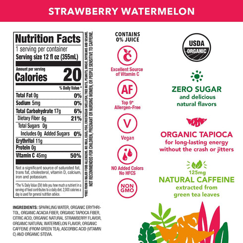 12 Oz (12-pack) OCA ZERO Strawberry Watermelon, Organic energy drink, zero sugar, gluten-free, vegan plant-based, Fl