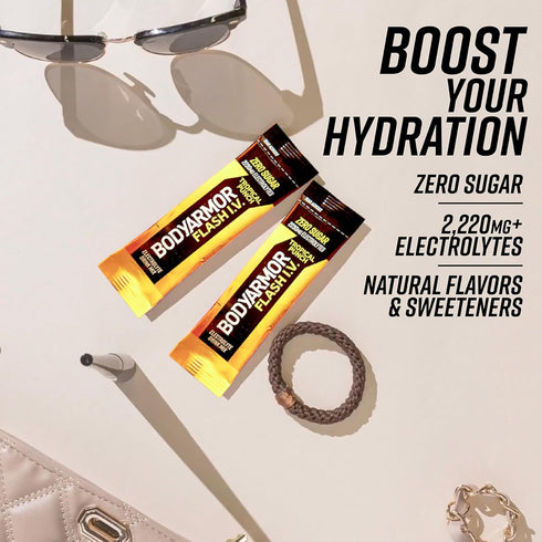 Packets, Packs, (15 Count) BODYARMOR Flash I.V. Electrolyte Tropical Punch, Zero Sugar Drink Mix, Single Serve Coconut