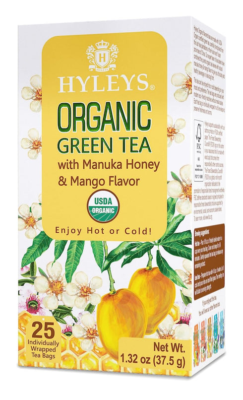 Hyleys Organic Green Tea - Manuka Honey and Mango Flavor, 25 Tea Bags