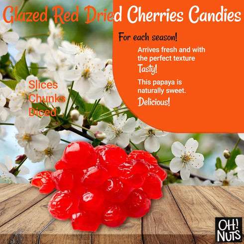 Oh! Nuts - Glazed Red Dried Cherries Candies- 1LB Bulk Bag | Dehydrated Sweetened Chewy & Gummy Confectionery Fruit Bites for Snacking, Baking & Decorating