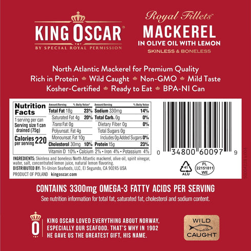 4.05 (Pack 12), (Packaging King Oscar Mackerel in Olive Oil with Lemon, Ounce Cans of Skinless & Boneless, Wild Caught