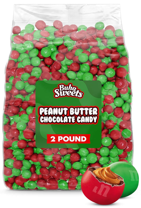 Buha Sweets Bulk Christmas Peanut Butter Chocolate Candy 2 Pound - Red & Green