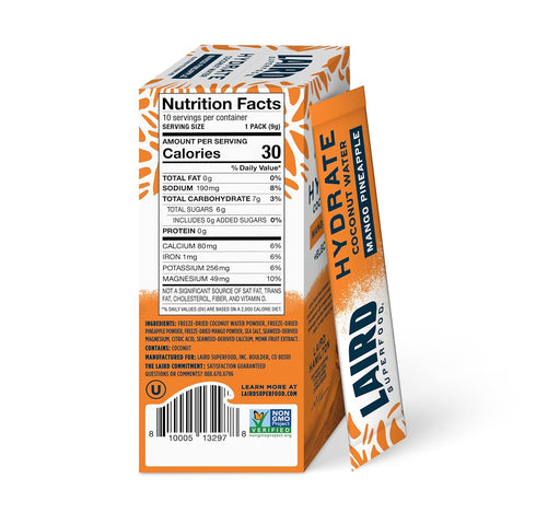 Laird Superfood Hydrate Coconut Water – Electrolyte Drink Mix – Mango Pineapple, 10 Single Serve Sticks