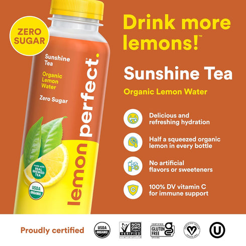 15.2 oz (12-Pack) Lemon Perfect Sunshine Tea, Half Flavored Lemon Water (Original Lemon) & Half Iced Tea, Organic, Zero