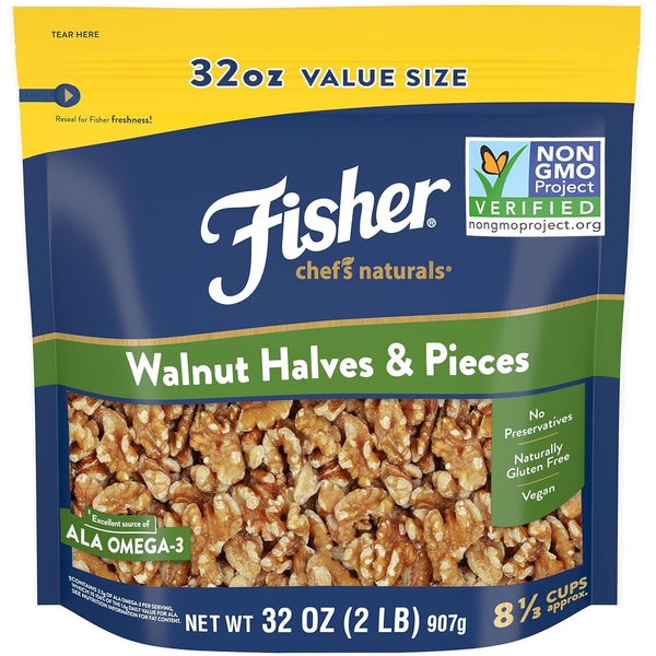Fisher Chef's Naturals 2 lb Walnut Halves & Pieces - 100% California Unsalted Walnuts for Baking & Cooking